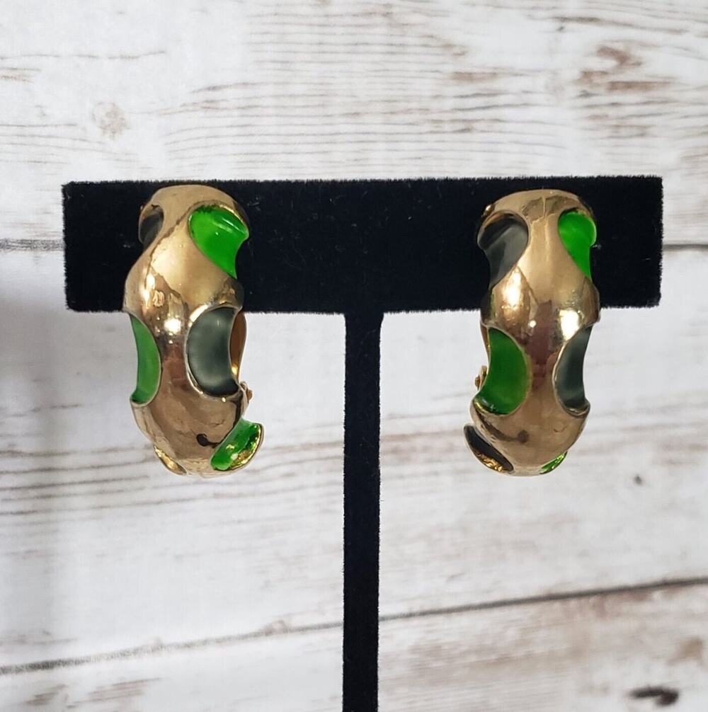 Vintage Clip On Earrings - Gold Tone & Green Statement Half Hoops